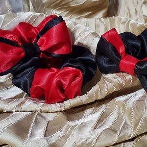 Set of 3 Scrunchie Red and Black Satin with bow tie